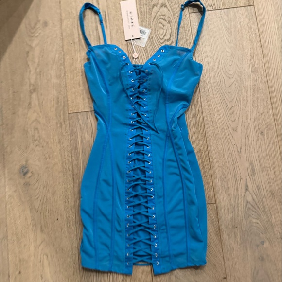 Oh Polly NWT Lace Up Corset Mini Dress Blue US 0 Mesh Turquoise Bodycon Bustier - Picture 2 of 8